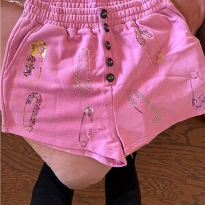QUEEN OF SPARKLES Pink Safety Pin Embellished High Waist Shorts